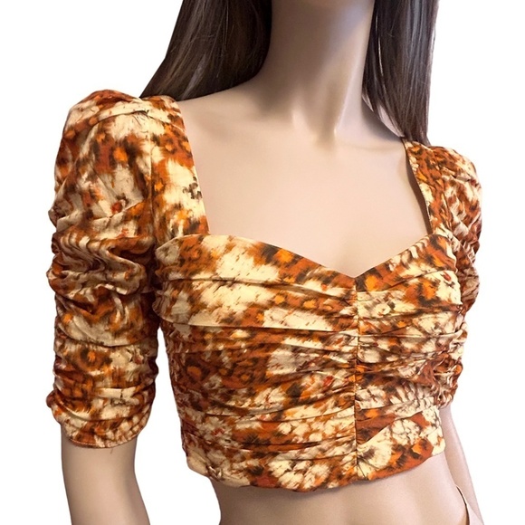 Zara Crop Top Blouse Sweetheart Neck Floral Pleated Bodice Ruched Sleeve NWOT - Picture 8 of 16